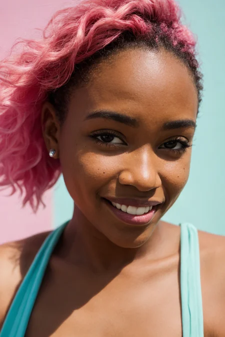 Film still, cinematic, African American woman, smiling, scene girl, pastel hair, vibrant yellow background, sharp focus, detailed skin texture, detailed eyes,