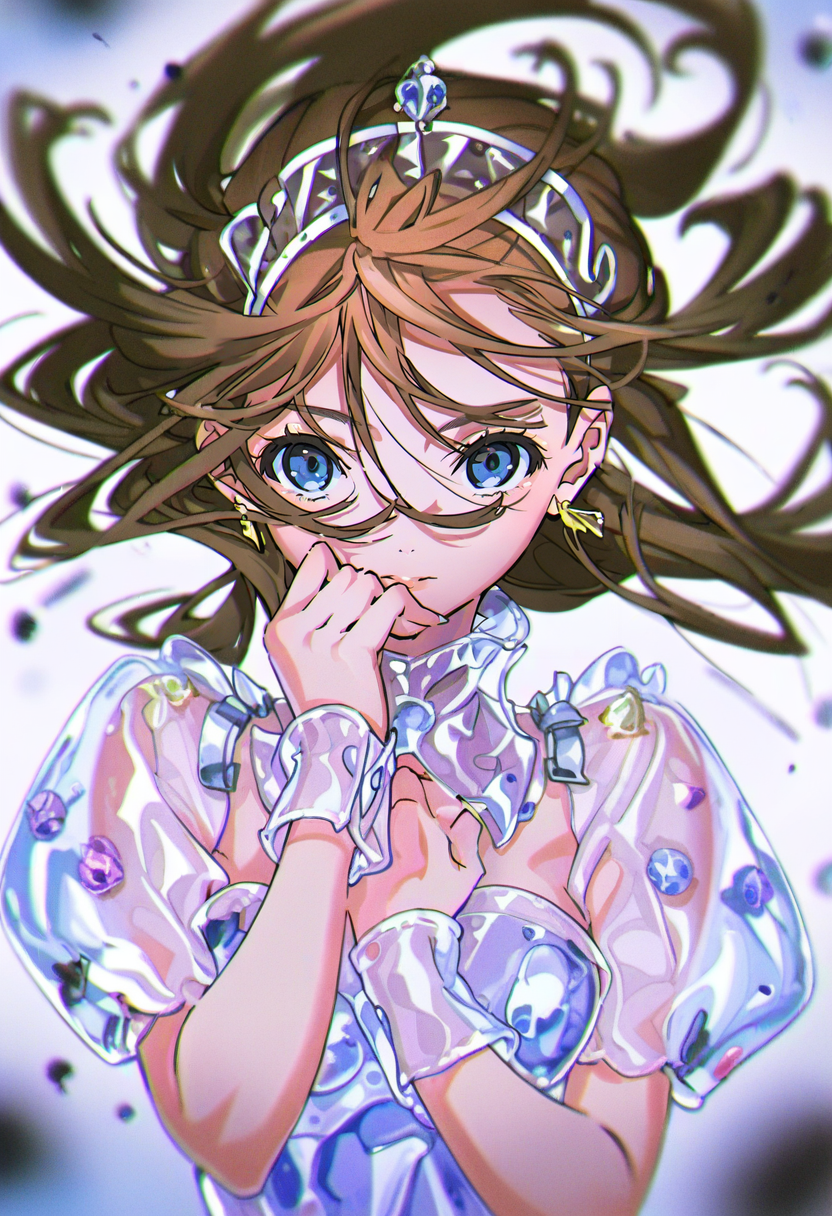 1girl, solo, brown hair, blue eyes, jewelry, earrings, floating hair, looking at viewer, long hair, blurry, see-through, upper body, wrist cuffs <lora:yoneyamaiXL_NBVP1_lokr_V6311PZ:0.95>