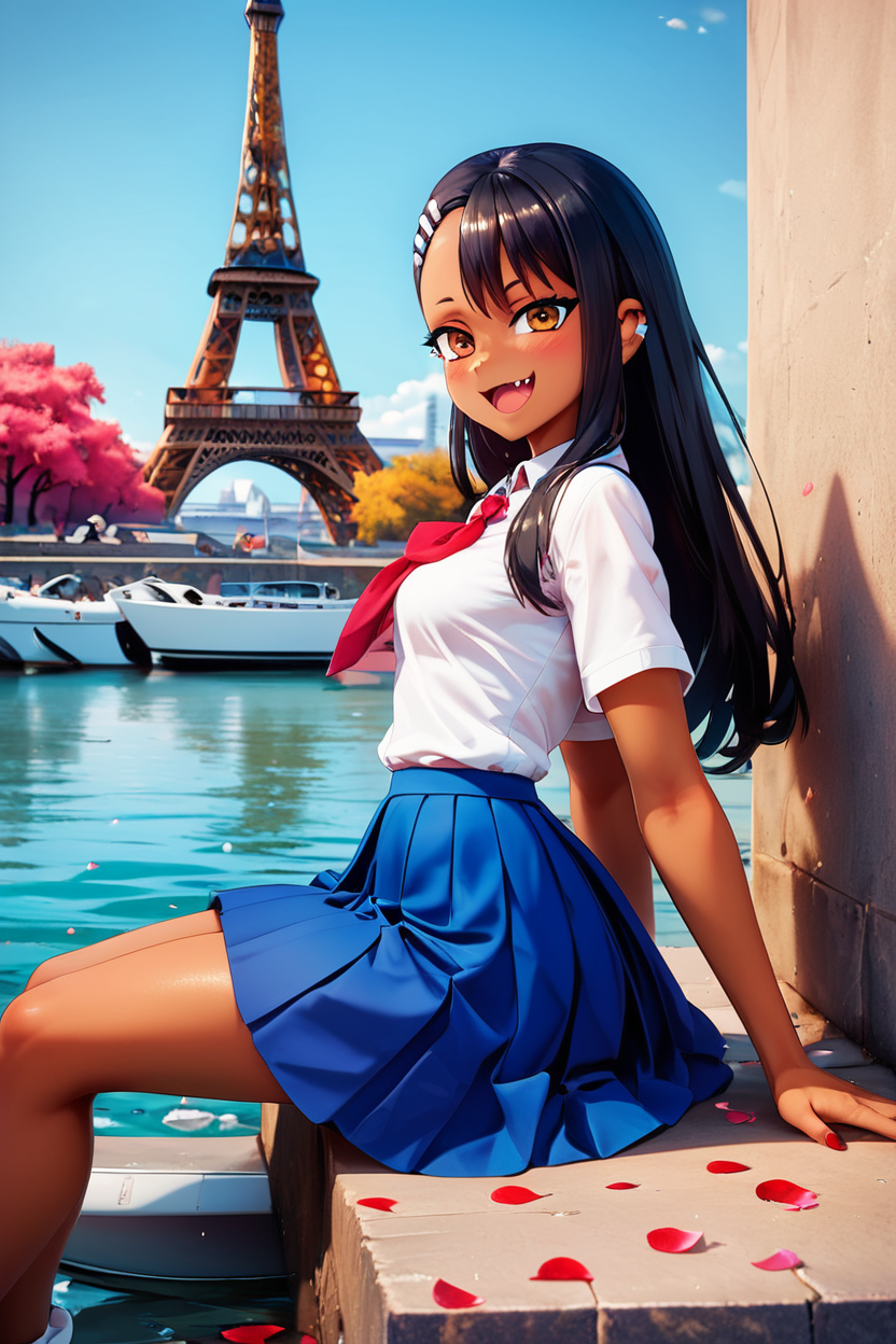 score_9, score_8_up, score_8, medium breasts, (curvy), cute, eyelashes,       BREAK, , nagatoro hayase, long hair, bangs, black hair, hair ornament, brown eyes, hairclip, fang, dark skin, dark-skinned female, tan, skirt, shirt, school uniform, white shirt, pleated skirt, nail polish, blue skirt, red nails, earclip,   <lora:NagatoroHayasePDXL_v1:0.8>, , BREAK,  zzEiffelTower in background, sitting, watercraft, boat, sitting on wall, side view, looking at viewer, smile,  BREAK, blooming stars, luminescent petals, otherworldly fragrance blurry background, embedding:zPDXL, Expressiveh, <lora:EiffelTowerPDXL:1.0>,  <lora:CatalystStylePDXL:0.6>,  <lora:SDXLFaeTastic2400:0.5>,  <lora:Expressive_H-000001:0.4>,