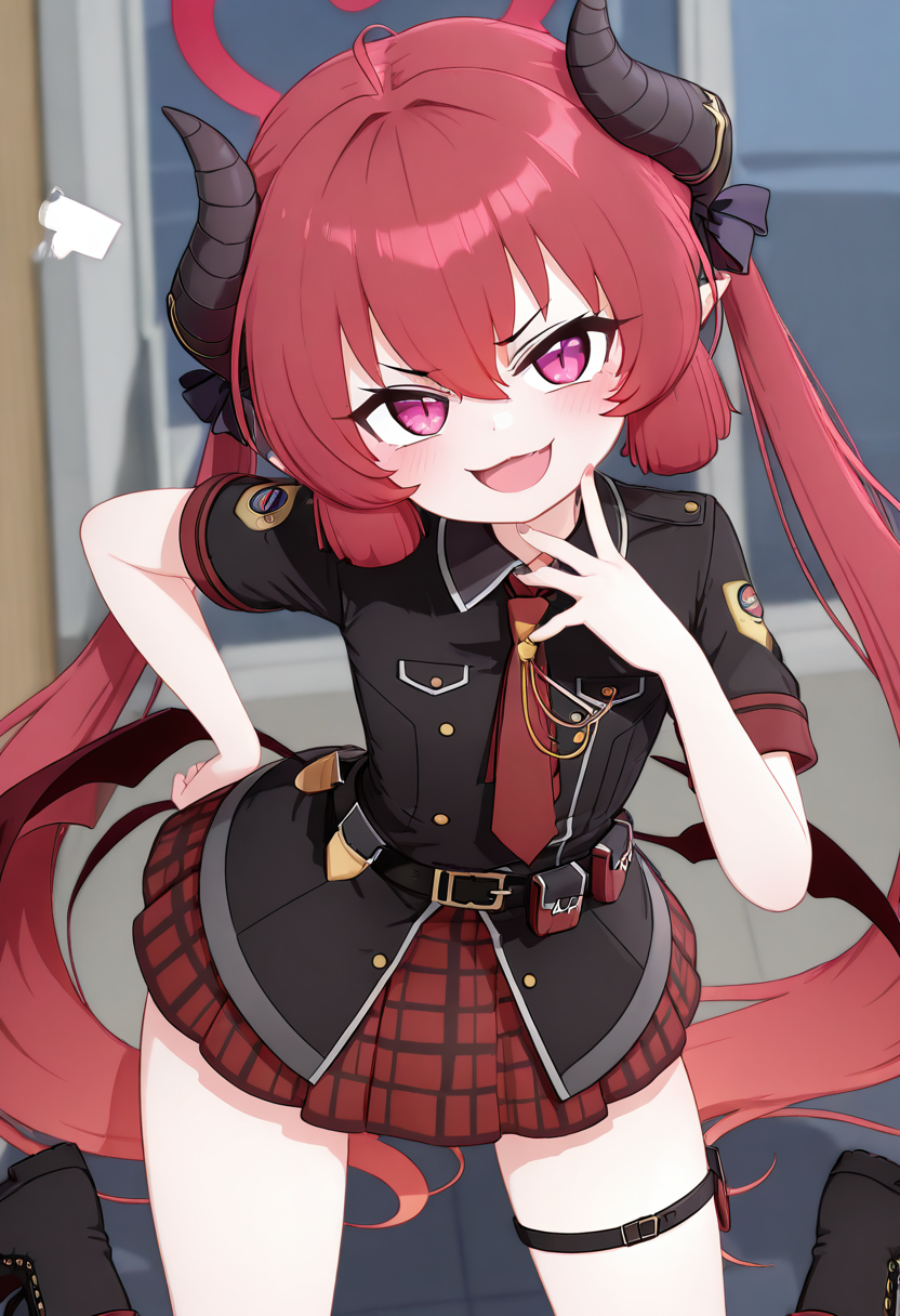 masterpiece, best quality, solo, curvy, beautiful eyes,  narrow waist, wide hips, zzJunko, red eyes, red halo, red hair, horns, long hair, twintails, halo, demon horns, pointy ears, wings, hair between eyes, demon wings, very long hair, black horns, low wings, ribbon black shirt, pleated skirt, red skirt, short sleeves, plaid skirt, red necktie, thigh strap, belt, fang, black footwear, boots,  ,       <lora:JunkoBlueArchiveIXL:1.0>, , smile, looking at viewer, cowboy shot, leaning forward, smug,  <<lora:MantisIXL_v2:0.8>,