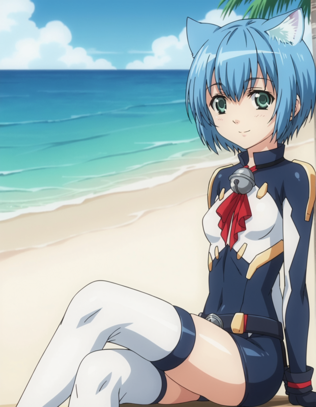 1girl, anime screencap, <lora:VexVexX_Melwin_PONYXL:1>, Melwin, short hair, blue hair, green eyes, animal ears, cat ears, cat tail, small breasts, deep skin, skindentation, seductive smile, detailed skin, glossy skin, bodysuit, thighhighs, bell, belt, gloves, cowboy shot, from side, sitting, hands behind back, legs together, thighs together, knee up, looking at viewer, outside, beach, ocean, palm trees,