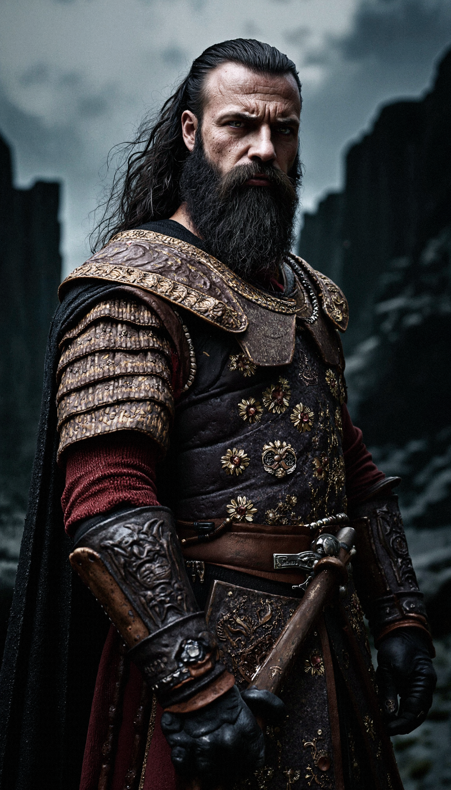 A highly detailed portrait of a noble Southron warrior from The Lord of the Rings, standing fiercely against the foreboding backdrop of the Black Gate of Mordor. The warrior is bareheaded, with piercing, fiery eyes and a deep scar running diagonally across his cheek and nose, adding to his imposing presence. His thick, jet-black hair flows wild, and his full, braided beard is adorned with small metallic rings and beads.

He is clad in intricate, richly adorned armor with dark red and gold accents, featuring exotic patterns and symbols unique to the Southron culture. His posture exudes strength and determination, as he grips the hilt of a curved scimitar resting by his side. The background showcases the immense, jagged towers of the Black Gate, shrouded in an ominous haze, with dark storm clouds looming overhead.

The photo is captured with a high-end professional camera, such as a Nikon Z9 or Canon EOS R5, using a 70-200mm f/2.8 lens for a compressed perspective that emphasizes the warrior while keeping the ominous gate in the distance sharply detailed. The lighting is dramatic, with the warrior illuminated by a harsh side light that accentuates his scar and rugged features, contrasting with the dim, shadowy atmosphere of Mordor.