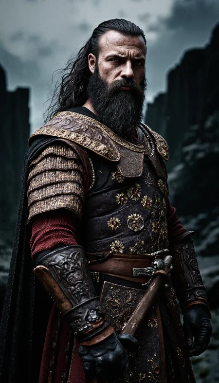 A highly detailed portrait of a noble Southron warrior from The Lord of the Rings, standing fiercely against the foreboding backdrop of the Black Gate of Mordor. The warrior is bareheaded, with piercing, fiery eyes and a deep scar running diagonally across his cheek and nose, adding to his imposing presence. His thick, jet-black hair flows wild, and his full, braided beard is adorned with small metallic rings and beads.
He is clad in intricate, richly adorned armor with dark red and gold accents, featuring exotic patterns and symbols unique to the Southron culture. His posture exudes strength and determination, as he grips the hilt of a curved scimitar resting by his side. The background showcases the immense, jagged towers of the Black Gate, shrouded in an ominous haze, with dark storm clouds looming overhead.
The photo is captured with a high-end professional camera, such as a Nikon Z9 or Canon EOS R5, using a 70-200mm f/2.8 lens for a compressed perspective that emphasizes the warrior while keeping the ominous gate in the distance sharply detailed. The lighting is dramatic, with the warrior illuminated by a harsh side light that accentuates his scar and rugged features, contrasting with the dim, shadowy atmosphere of Mordor.