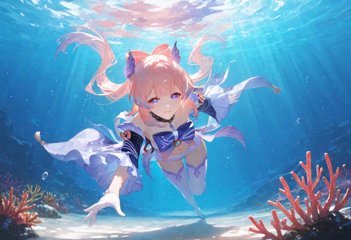 ((1girl,KokomiGenshin,looking at viewer, smiling, big hips, wide eyes,KokomiDefault, pink hair, multicolored hair, long hair, navel, thighhighs, white bottomwear, vision (genshin impact), bow-shaped hair, white gloves,)), full body, floating hair, solo, ((impressionism, excellent depth of field, partly realistic texture, dramatic lighting,oil painting \(medium\),)), light scattering, bright sky, sharp focus, newest, absurdres, highres, very aesthetic, masterpiece, eye-catching,usnr, beautiful body, detailed skin features,,beautiful eye details, bright colors, vivid colors,contrast, , extreme contrast, foreshortening, high resolution, best quality, ultra high definition, extremely high detail, close-up, cinematic field of view, perfect composition, intricate details, bokeh, wet,coral, underwater, floating underwater, bubbles