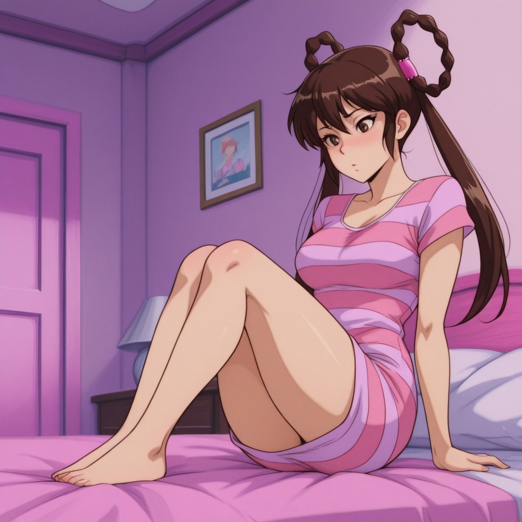 masterpiece, best quality, amazing quality,YohkoManoil, human, female, brown hair, hair rings, twintails, long hair, brown eyes, hair ornaments, pink dress, pink stripes, sitting on bed, bedroom, solo, full body