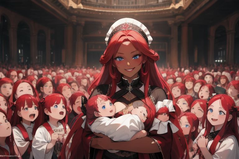 (masterpiece, best quality:1.5), (ultra realistic:1.5), (8k uhd, very high quality:1.5), (extremely detailed face:1.5), (everyone has ruby red hair:1.5), (dark skin mother holding an endless amount of infants and surrounded by an endless amount of her extremely young children:1.5), (everyone smiling and happy:1.5), (everyone has bright blue eyes:1.5), (everyone has long ruby red hair:1.5), (the woman is surrounded by endless amounts of her extremely young children that fill the entire background:1.5), (the woman is surrounded by an endless amount of her very young children that fill the entire background:1.5), (city background:1.5)
