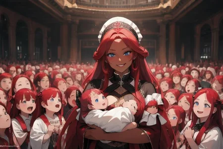 (masterpiece, best quality:1.5), (ultra realistic:1.5), (8k uhd, very high quality:1.5), (extremely detailed face:1.5), (everyone has ruby red hair:1.5), (dark skin mother holding an endless amount of infants and surrounded by an endless amount of her extremely young children:1.5), (everyone smiling and happy:1.5), (everyone has bright blue eyes:1.5), (everyone has long ruby red hair:1.5), (the woman is surrounded by endless amounts of her extremely young children that fill the entire background:1.5), (the woman is surrounded by an endless amount of her very young children that fill the entire background:1.5), (city background:1.5)