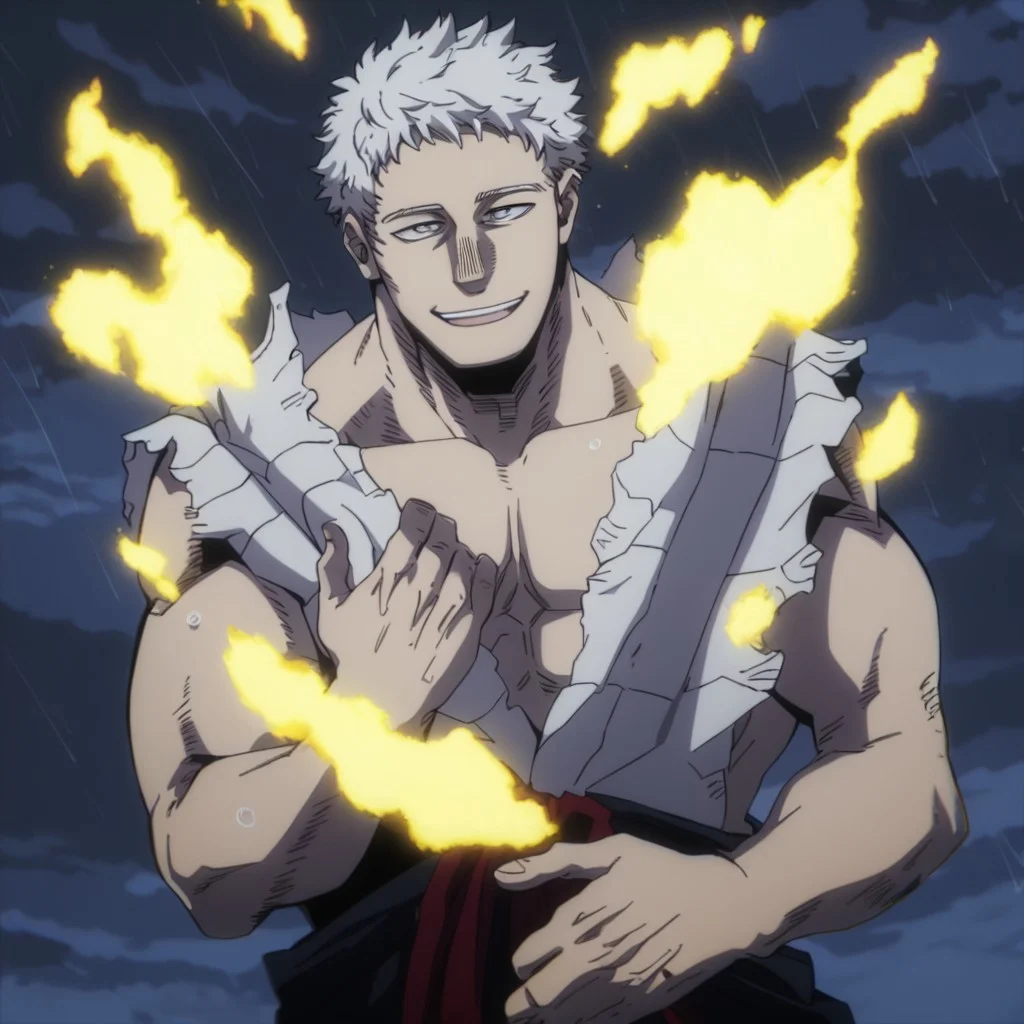 solo, torn clothes, anime, male, short white hair, floating, raining, dark clouds, wet, barefoot, pectorals, grey eyes, yellow glow, yellow aura, yellow fire on body, smile, smoothanime, easynegative, ng_deepnegative_v1_75t, score_9, score_8_up, score_7_up, score_6_up, score_5_up, score_4_up, source_anime, old man, older male, old, older,