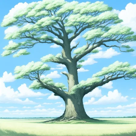 anime A large Tree stands in the center of a field (TreePhoto style:1) <lora:djzTreePhoto:0.8)