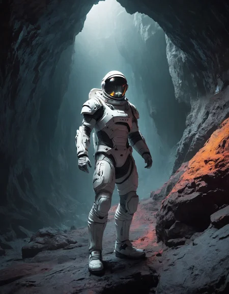 a beautiful artwork illustration, concept art sketch of an astronaut in white futuristic cybernetic armor in a dark cave, volumetric fog, godrays, high contrast, vibrant colors, vivid colors, high saturation, by Greg Rutkowski and Jesper Ejsing and Raymond Swanland and alena aenami, featured on artstation, wide angle, vertical orientation, eroded cliffs, crumbling edges, treacherous footing, panoramic vistas