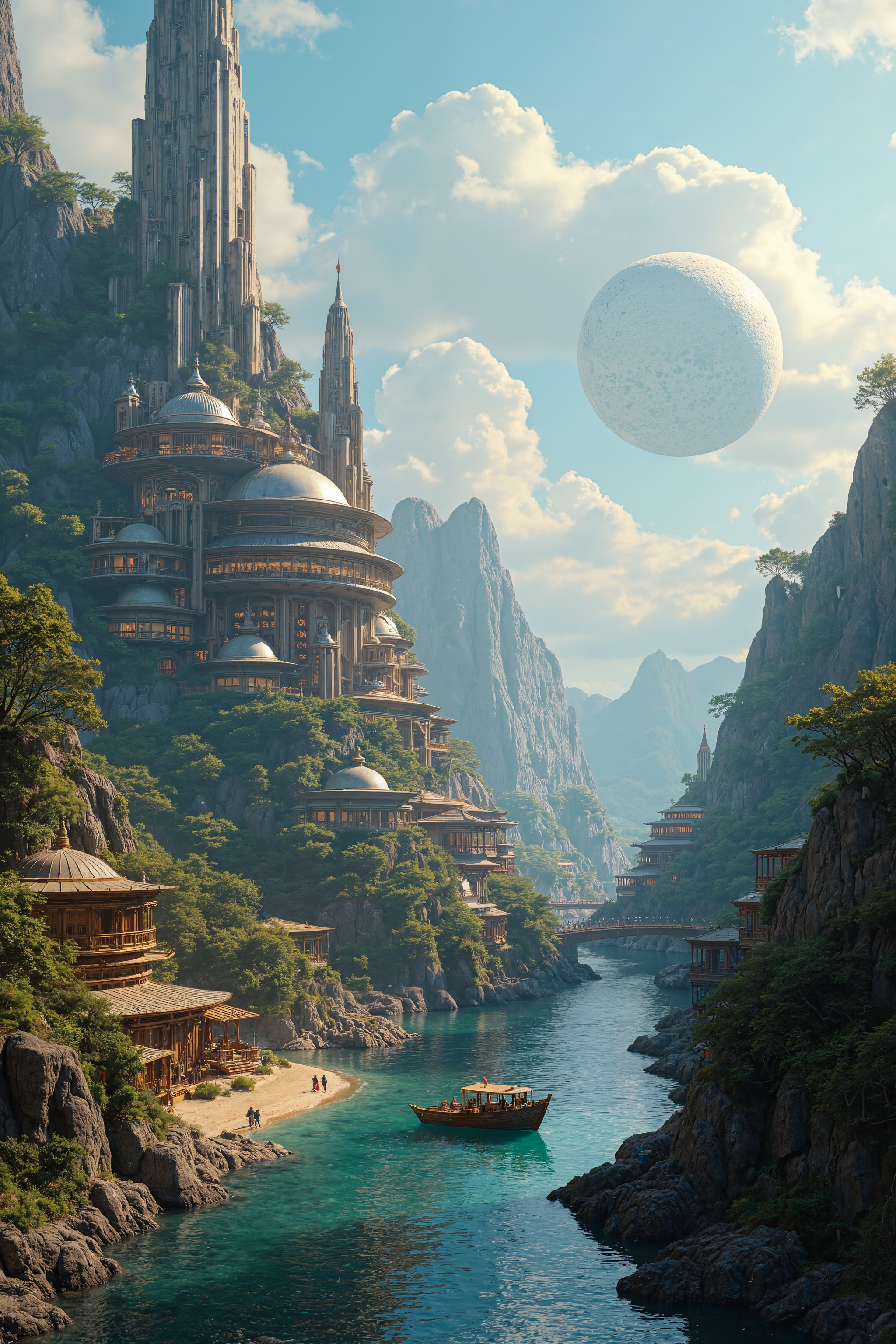 This is a highly detailed CGI illustration depicting a futuristic, sprawling cityscape set in a lush, verdant valley. The city is built into the side of a rocky cliff, with numerous interconnected structures made of sleek, metallic materials, including shiny, reflective surfaces and sharp, angular lines. The buildings are densely packed, with a mix of cylindrical, spherical, and rectangular shapes, all bathed in a warm, orange glow from internal lighting. 
In the foreground, a serene river flows through the valley, with a small boat navigating its calm waters. The riverbank is lined with wooden structures, some of which appear to be shops or market stalls, with a few people milling about. To the left, a tall, spire-like tower rises into the sky, topped with a glowing orb.
The background reveals a vast, blue sky dotted with fluffy white clouds. In the distance, a large, white planetoid floats, adding to the otherworldly feel of the scene. The cityscape is bathed in a golden hour light, casting long shadows and highlighting the intricate details of the architecture. The overall ambiance is a blend of futuristic technology and natural beauty, creating a harmonious, almost utopian setting
