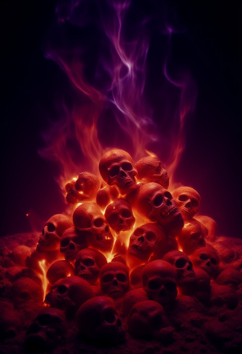 A pile of skulls, completely engulfed in flames, inferno, blazing, concept art, masterpiece, perfect lighting, purple flames, 4k, absurdres,