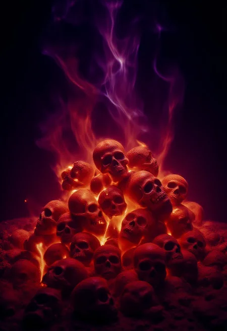 A pile of skulls, completely engulfed in flames, inferno, blazing, concept art, masterpiece, perfect lighting, purple flames, 4k, absurdres,