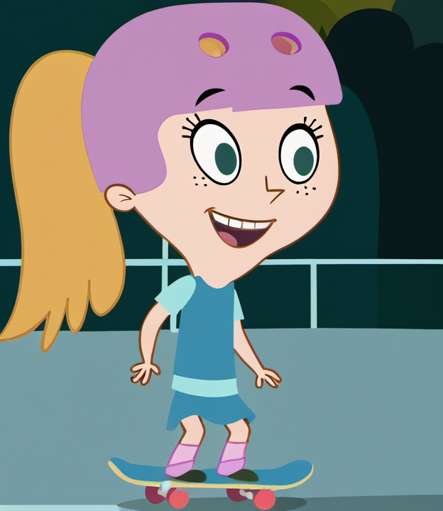 1girl, solo, fiokvk1, blonde hair, pink helmet, blue eyes, riding skateboard, freckles, ponytail, socks, standing, open smile, skirt, shirt, child, style parody, long hair, full body, kneepads, outdoors, shoes, night, skatepark, <lora:fiokvk1:1>,