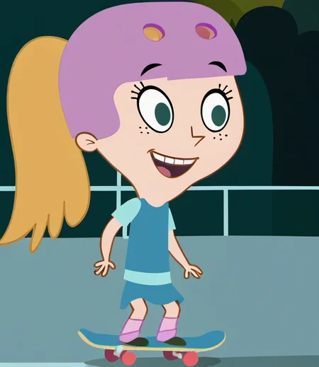 1girl, solo, fiokvk1, blonde hair, pink helmet, blue eyes, riding skateboard, freckles, ponytail, socks, standing, open smile, skirt, shirt, child, style parody, long hair, full body, kneepads, outdoors, shoes, night, skatepark, <lora:fiokvk1:1>,