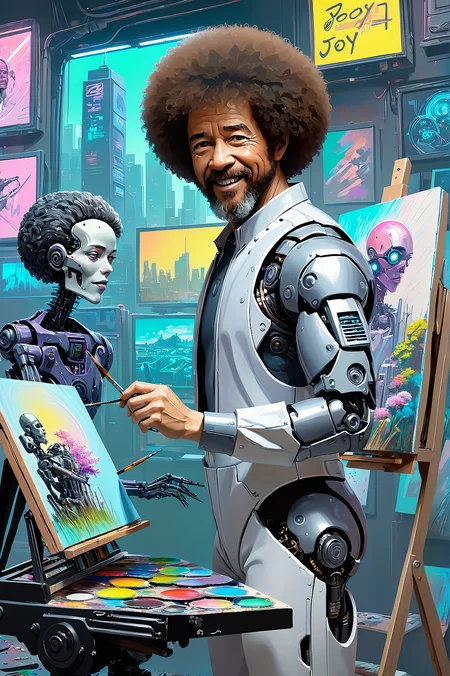 Joy of painting, Bob Ross cyborg at an easel, painting a cyberpunk picture which looks like an AI painted picture, cyberpunk style <lora:offset_0.2:1>  <lora:cyberpunk_xl_v1:1>