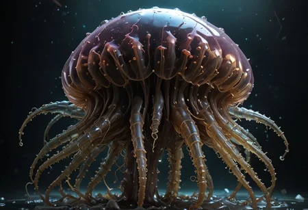 cinematic, jellyfish chonkasaurus, scifi, raytracing, HD, 4k, floating energy, night, dark, flesh color, (energy effects:1.3), <lora:chonkasaurus-000003:1>, <lora:add-detail-xl:2>