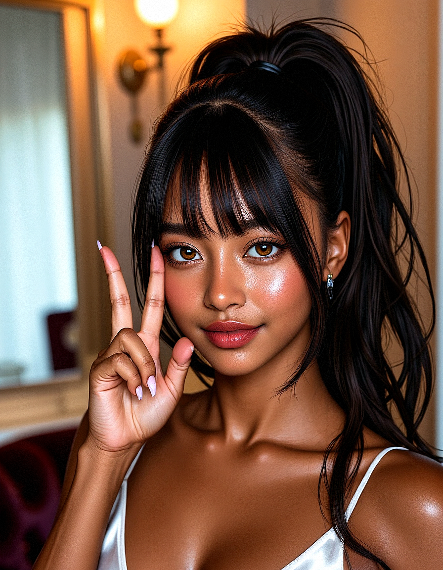 An extreme realism portrait shot of an African American young beauty with ponytail curly hair with long bangs and sidebangs, cascading over her shoulders. Her bright amber eyes and thick lips are contrasted with her slightly dark skin, which is depicted with intricate textures and realistic details. highlighting her accurate hand and finger anatomy under dynamic lighting. Intricate detailing on her eyebrows, showing individual hairs. Featuring quite large breast but slim waist,  Detailed, natural curvature of the nails and cuticles

She wears Elegant satin slip dress with a shawl draped over her shoulders


The background is Stylish dressing room with a large vanity mirror, velvet chairs, and clothing racks.

Golden hour sunlight streaming in from a side window. Cool, diffused light from frosted glass lamps. Gentle, indirect light reflecting off white walls. Cool, blue light from a nearby aquarium. Soft, ethereal light from a translucent curtain backdrop.

Making a “V” sign with both hands near her face, winking playfully at the camera, smiling cheerfully




























 









































