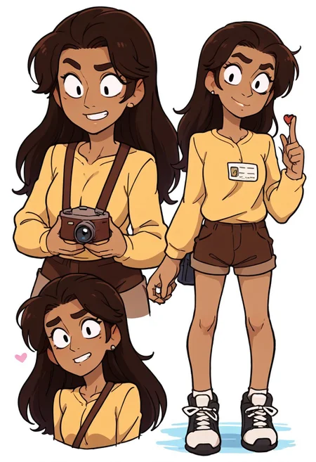 score_9, score_8_up, score_7_up, score_6_up, score_5_up, score_4_up, conceptart,multiple views,white background,simple background,<lora:concept:1>,
1girl, solo, Loui$e,, long hair, dark brown hair, tan skin, black eyes,,Sparrow Scouts uniform, yellow shirt, brown shorts,,, black sneakers, holding a camera in hands, smile,
<lora:princess_xl_v1:0.7>, <lora:Expressive_H:0.6>, <lora:incase-ilff-v3-4:0.5>, <lora:MysticalPlantPenetratorPDXL:0.5>, <lora:Louise_v1:1>