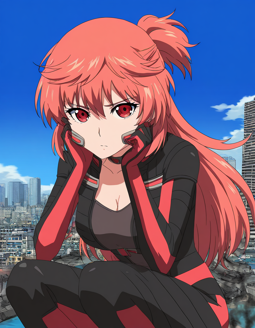masterpiece, best quality, newest, absurdres, highres, safe,, <lora:aoi-hidaka-s1-illustriousxl-lora-nochekaiser:1>, aoi hidaka, long hair, pink hair, red hair, red eyes, ponytail, short ponytail,, bodysuit, black bodysuit, red bodysuit, cleavage,, jetty, water, boats, dock, narrow, , giant, city, building, outdoors, destruction, sitting, squatting, hands on own cheeks, looking at viewer, solo,, cowboy shot