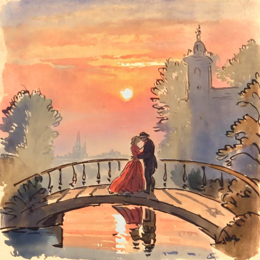 jchadel lovers on the bridge at sunrise<lora:jchadel:1>