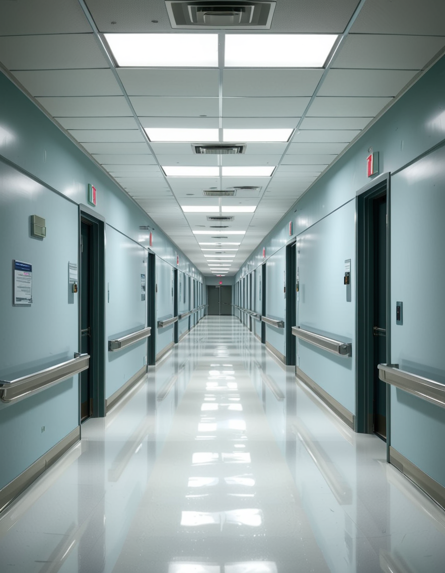 A long, sterile hospital corridor with bright white walls and a polished, reflective floor. The fluorescent ceiling lights cast a cold, clinical glow, emphasizing the cleanliness of the space. The hallway is lined with closed patient rooms, each marked with a small number plate. Stainless steel handrails run along the walls, and a few medical carts are neatly parked near the side. The corridor appears empty, creating a sense of stillness and anticipation. At the far end, a set of double doors with small glass windows leads to another section of the hospital. The atmosphere is quiet, professional, and highly sanitized, evoking a sense of order and precision.
<lora:SDXLFaeTastic2400:0.4> <lora:extremely_detailed:0.4> extremely detailed, <lora:sterile_hospital_c0rr1d0r:1>,sterile hospital c0rr1d0r, Masterpiece,best quality,hi res,8k,hi res,8k,award winning,(sharp focus, intricate, highly detailed),
