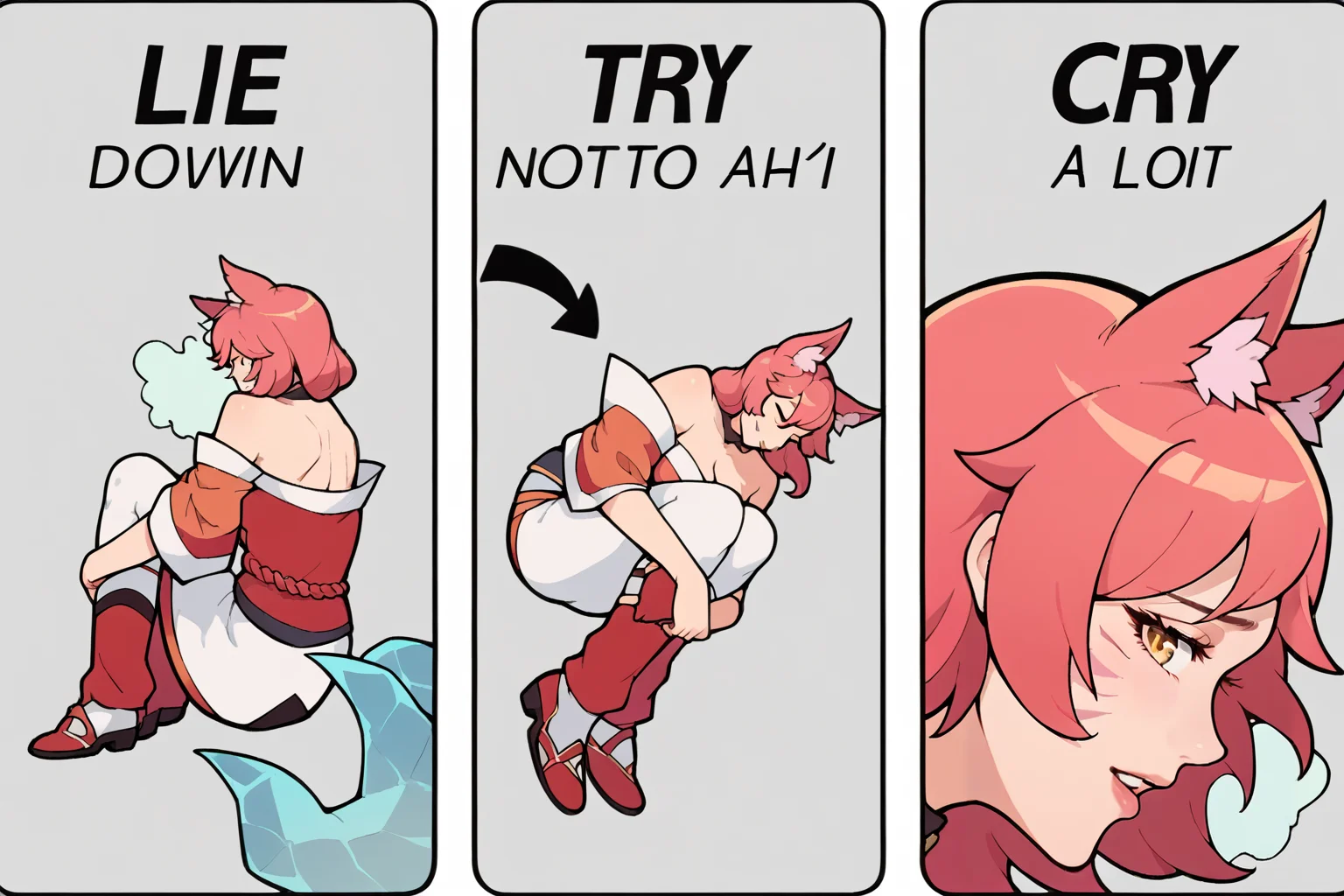 anime artwork score_9, score_8_up, score_7_up, best quality, high quality, source_anime, <lora:PD-STYLE_SmoothAnime2-SDXL:0.7> <lora:MEME-TNTC-000011:0.9> 1girl, m3m3, comic, ahri \(league of legends\), english text, arrow \(symbol\), . anime style, studio anime, highly detailed, cel shading, line art
