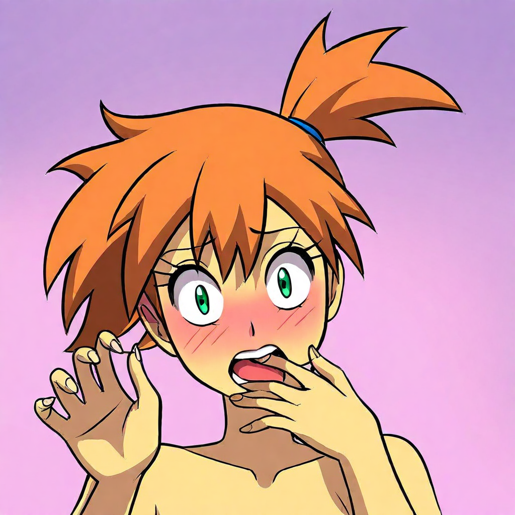 <lora:cartoon arabatos illustriousXL v1:0.8>
A cartoon picture of a cartoon misty pokemon woman with a surprised look on her mouth and face, perfect image, perfect body, perfect anatomy, sharp image, detailed image, high quality photo, cartoon style, solo, looking at viewer, blush, open mouth, short hair, green eyes, collarbone, upper body, nude, teeth, tongue, orange hair, side ponytail, fingernails, hands up, eyelashes, gradient background, pink background, portrait, purple background, raised eyebrows, wide-eyed, hair tie, misty (pokemon), bangs, embarrassed, surprised, hand on mouth,