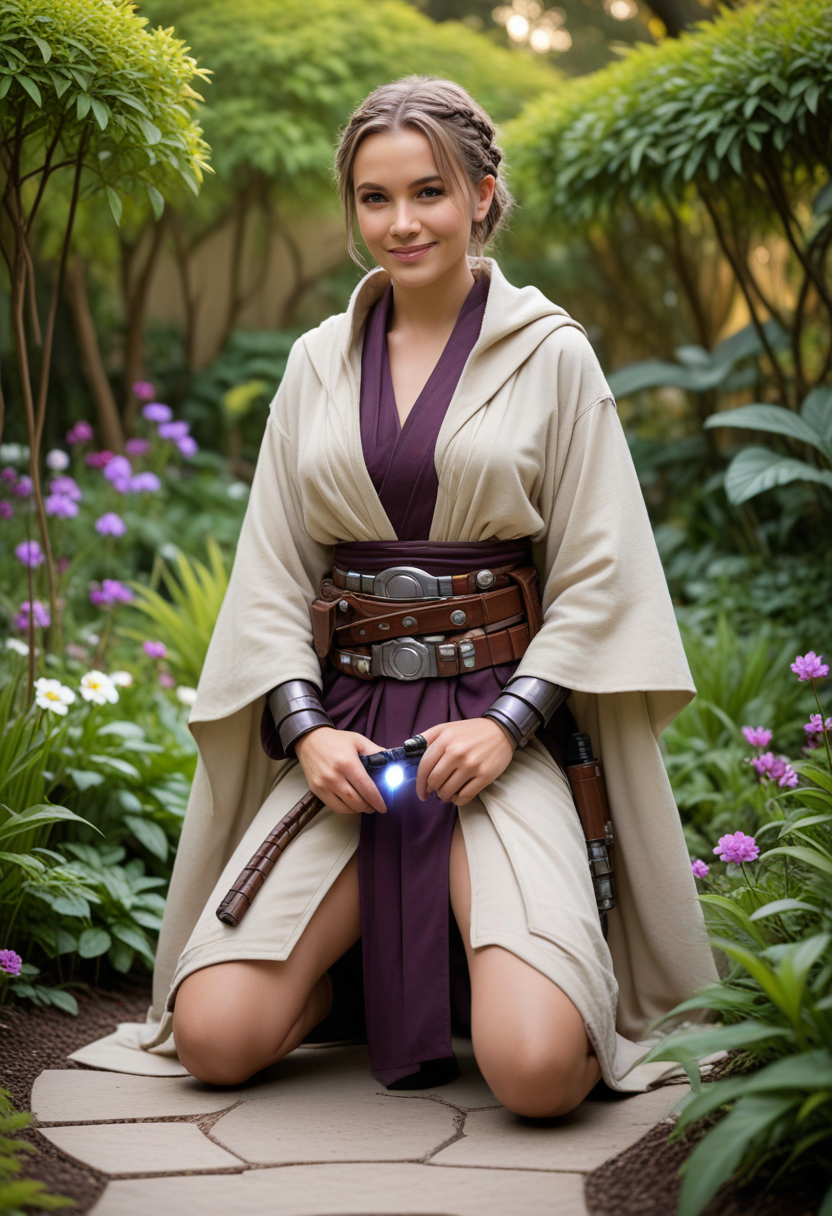 (medium full shot) of (sexy jedi) female zabrak, short hair with a braid, wearing a heavy Jedi cloak,utility Jedi belt with pouches,ankle-length Jedi boots, utility belt with pouches, lightsaber with purple blade, laughing, squatting, set in  a serene meditation garden, with lush greenery and the scent of blooming flowers, a place of calm and rejuvenation, at twilight, Masterpiece,best quality, photorealistic, amazing quality, very aesthetic, extremely detailed face,