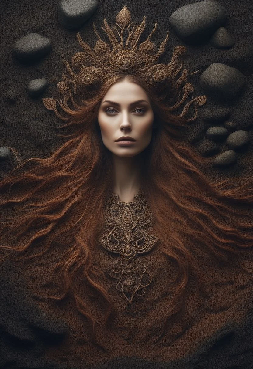 al-tr33brnch, Arttrttrt, extreme Long Shot, masterpiece, intricate detail, best quality, absurd resolution, rock elemental beautiful woman portrait, <lora:ElementEarthSDXL:1>ElementEarth, (high quality:1.4), (best quality:1.4), (masterpiece:1.4), official art, official wallpaper, surreal, wicked underworld beautiful female deity rising from the rocky soil, beautifulgoddess, (1woman:1.1), (long wavy hair:1.1), (flower crown:1.1), (mystical creatures:1.1),