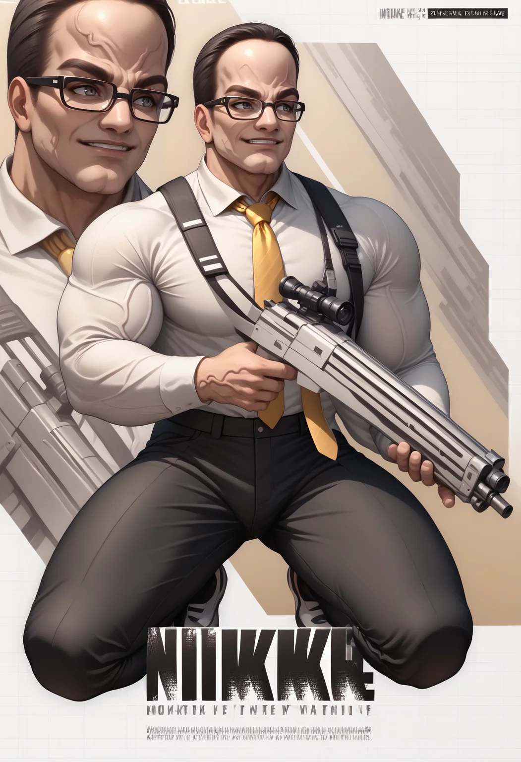 score_9, score_8_up, score_7_up, BREAK 1boy, solo, SenArmStrong, grey eyes, black hair, buzz cut, glasses, manly, <lora:SenatorArmstrongPDXL_V1-Manityro-CAME:1> , muscular male, veins, looking to the side, grin, white shirt, yellow necktie, black pants, <lora:NIKKE_Goddess_of_Victory_Profile_Concept_LoRA_XL-000011:1.0>, IncrsNikkeProfile, full body, zoom layer, one knee, holding weapon, holding rifle,