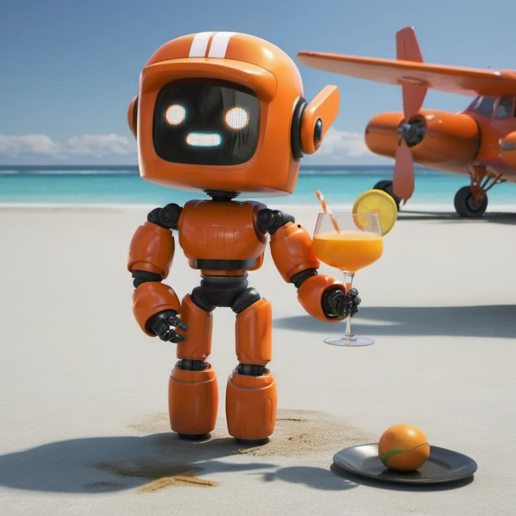 an orange robot, having a cocktail on a beach, crashed airplaine background, highly detailed,  photography, ultra sharp, film, professional, 64k  <lora:add-detail-xl:1.5> <lora:Orange Robot1024:0.7>