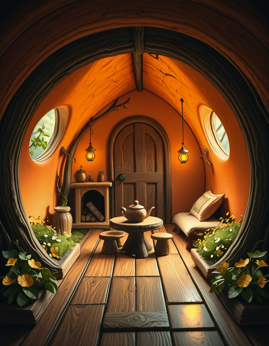 A highly detailed, realistic photograph of a tiny gnome house nestled at the base of an ancient oak tree, taken in soft morning light with a gentle mist hanging in the air. The house is crafted from natural materials: smooth stones form the lower walls, and curved wooden planks create a round, thatched roof with patches of moss and small wildflowers growing on top. Tiny circular windows with stained glass panels glow faintly from within, casting warm amber and green hues. A miniature wooden door with intricate carvings sits slightly ajar, surrounded by tiny lanterns that hang from delicate hooks, each softly glowing. Around the house, the forest floor is covered in dew-kissed clover, mushrooms of varying sizes and colors, and winding little cobblestone paths. In the background, tall ferns and oversized leaves tower, giving the scene an enchanted, hidden feel. Subtle rays of sunlight break through the canopy above, highlighting fine details with a dreamy, ethereal atmosphere. Hyper-realistic style, high-resolution, rich earthy tones, with an overall cozy and magical woodland vibe. No creatures or people, only nature and the charming architecture of the gnome's home.
<lora:SDXLFaeTastic2400:0.4> <lora:extremely_detailed:0.4> extremely detailed, <lora:tiny_gnome_h0us3-i:1>,tiny gnome h0us3, Masterpiece,best quality,hi res,8k,hi res,8k,award winning,(sharp focus, intricate, highly detailed),