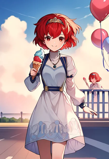 score_9, score_8_up, score_7_up, highres, (best quality:1.1), masterpiece, absurdes, multiple girls, utdoors, sky, solo focus, day, cloud, 1girl, blue sky,balloon, roller coaster, <lora:Maria_FE_XL:1> Maria_FE, red hair, red eyes, short hair, 1girl, solo, smile, white dress, jewelry, looking at viewer, necklace, hairband, skirt hold, long sleeves, closed mouth, tiara, holding ice cream, walking and eating, smile