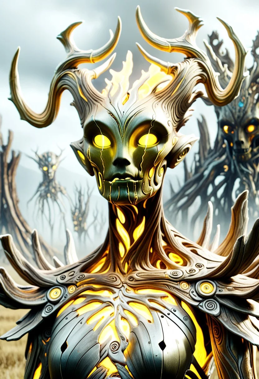 hyper detailed masterpiece, dynamic, cowboy shot, Spriggan, DonMX3n0T3chXL, eerie, gloomy, decay, haunting, Ghost Mecha God, glowing, deer antler helm, bio cyborg