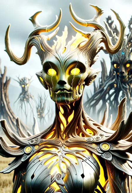 hyper detailed masterpiece, dynamic, cowboy shot, Spriggan, DonMX3n0T3chXL, eerie, gloomy, decay, haunting, Ghost Mecha God, glowing, deer antler helm, bio cyborg