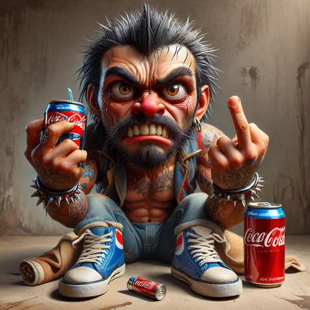 anthromuscular ,cradimerdo presenting a choice of ((two drinks resting on each of  his open palms)), can of coca-cola or a can of pepsi, cradimerdo<lora:MJ52:0.5> <lora:DetailedEyes_V3:1> <lora:SDXLFaeTastic2400:0.5>   <lora:anthromuscular:0.7>  <lora:middle_finger:1> <lora:cradimerdo:0.5>