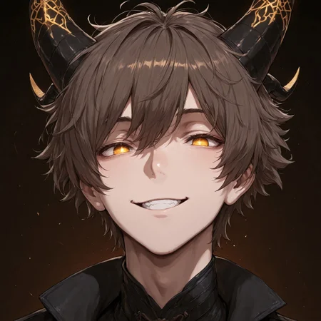 Very Aesthetic, masterpiece, best quality, very awa, Avarice, painterly, 1boy, short hair, draconic horns, half dragon, portrait, golden eyes, shiny eyes, no pupils, handsome, brown hair, (golden scales:0.6), smiling, glimmering,