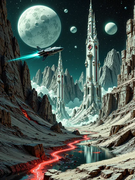ultra-high-resolution cinematic film still, highest aesthetic quality, ultra-detailed, hyper-realistic, uhd, 8k, 4k, science fiction, science fiction alien architecture cosmic surrealism digital painting, an immense valley in an ashen white desert, with a glowing red vein of molten lava winding through, a row of three identical towers of monumental scale stand in line in perfect alignment, each meticulously constructed of pristine white stone decorated with baroque ornaments, sheer cliffs border the scene on either side, eroded into vertical striations, reinforcing the sense of symmetry and alien precision, a vast alien moon dominates the sky beyond the alien structures, its pale surface textured with deep craters and harsh shadows, accompanied by smaller moons and celestial bodies that float silently in the black void, creating a sense of planetary remoteness and interstellar isolation, a sleek chrome spacecraft of alien design with bright cyan engine trails flies over the valley, hinting at exploration or surveillance, the lighting is stark and high-contrast, casting deep shadows across the valley floor and emphasizing the design of the alien architecture and pure terrain, with the glowing red lava rift providing a striking chromatic counterpoint to the otherwise muted palette, shot from a low, central angle with deep perspective, guiding the eye through the central rift toward the towering monuments and cosmic backdrop, rendered in ultra-high-resolution digital matte painting style with a focus on architectural clarity, atmospheric depth, invoking themes of cosmic horror and forgotten civilizations, the color palette is dominated by white and black and red with teal and cyan accents, ovg, artilands02, <lora:style-fantastic_landscapes-v2-flux-by_artifyai:0.8> <lora:style-legacy_of_the_forerunners-v3-flux-by_bra2ha:0.68>