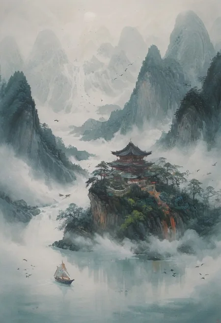 safe_pos, "Serene Sail" - Title: "Temple in the Sky"
Minimalist ink sketch, bright colours, highly stylized, of double exposure effect, ((featuring a gargantuan twisting murmuration of thousands of crane birds taking flight off the water, detailed and intricate)), featuring a large Buddhist temple monastery nestled high among mountain peaks and glaciers, while a large mystical sailboat with a colourful solitary sail glides through vast cumulus mists, style reminiscent of Nihonga and Ukiyo-E, imbued with a perfect composition, an epic dreamy atmosphere, sharp focus, intricate details, trending on ArtStation, highly detailed work styled by Greg Rutkowski.