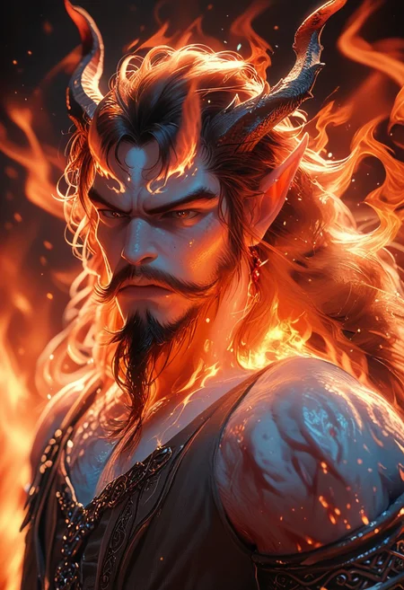 score_9, score_8_up, score_7_up, solo, God of Fire, The Everflame, male, giant elemental, light red skin, stern, horns, goatee, firey background, lawful neutral alignment, dungeons and dragons, medieval fantasy setting, hkmagic