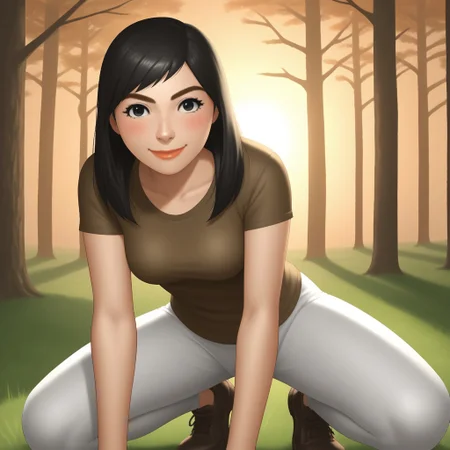 score_9, score_8, BREAK, solo, wii, mii, wii sports, 1girl, female mii, black eyes, black hair, brown eyebrows, lips, brown clothing, white pants, shoes, nintendo mii, modern_mii, classic_mii, breasts, misaki_\(\\wii_sports\\\), cute, blush, sexy pose, smile, outdoors, sunlight, shadows, evening lighting, natural lighting, forest, trees, grass, orange sky, sunset
