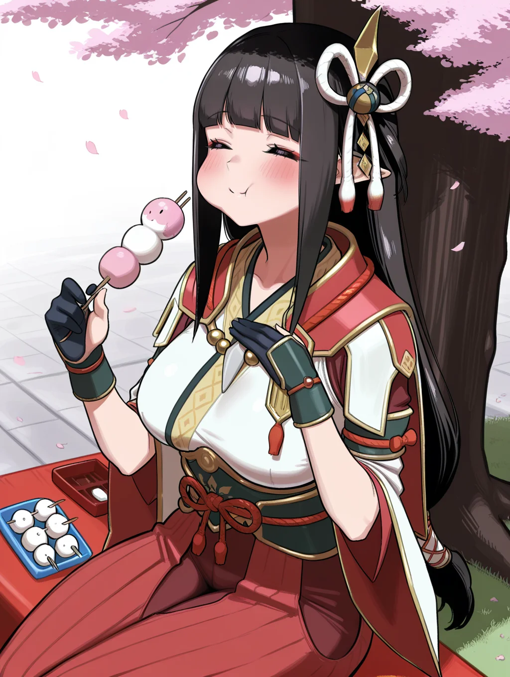 4 finger hands,hinoa,1girl,sanshoku dango,solo,closed eyes,smile,blush,eating,sitting,sidelocks,closed mouth,red eyeliner,white japanese clothes,black partially fingerless gloves,red hakama skirt,side hair ornament,holding sanshoku dango,cherry blossoms,under tree,hand on own chest,puffy cheeks, 
masterpiece,best quality,amazing quality,very aesthetic,absurdres,newest,<lora:Minoto and Hinoa illuXL v1.1:0.75>,