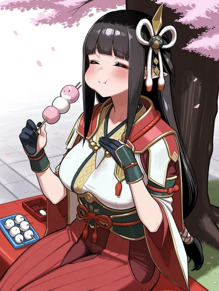 4 finger hands,hinoa,1girl,sanshoku dango,solo,closed eyes,smile,blush,eating,sitting,sidelocks,closed mouth,red eyeliner,white japanese clothes,black partially fingerless gloves,red hakama skirt,side hair ornament,holding sanshoku dango,cherry blossoms,under tree,hand on own chest,puffy cheeks,
masterpiece,best quality,amazing quality,very aesthetic,absurdres,newest,<lora:Minoto and Hinoa illuXL v1.1:0.75>,