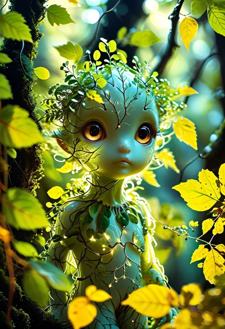 macro shot of a glowing forest cute spirit, leafy appendages outlined with veins of light, eyes a deep, enigmatic glow amidst the foliage, close up, hi detailed