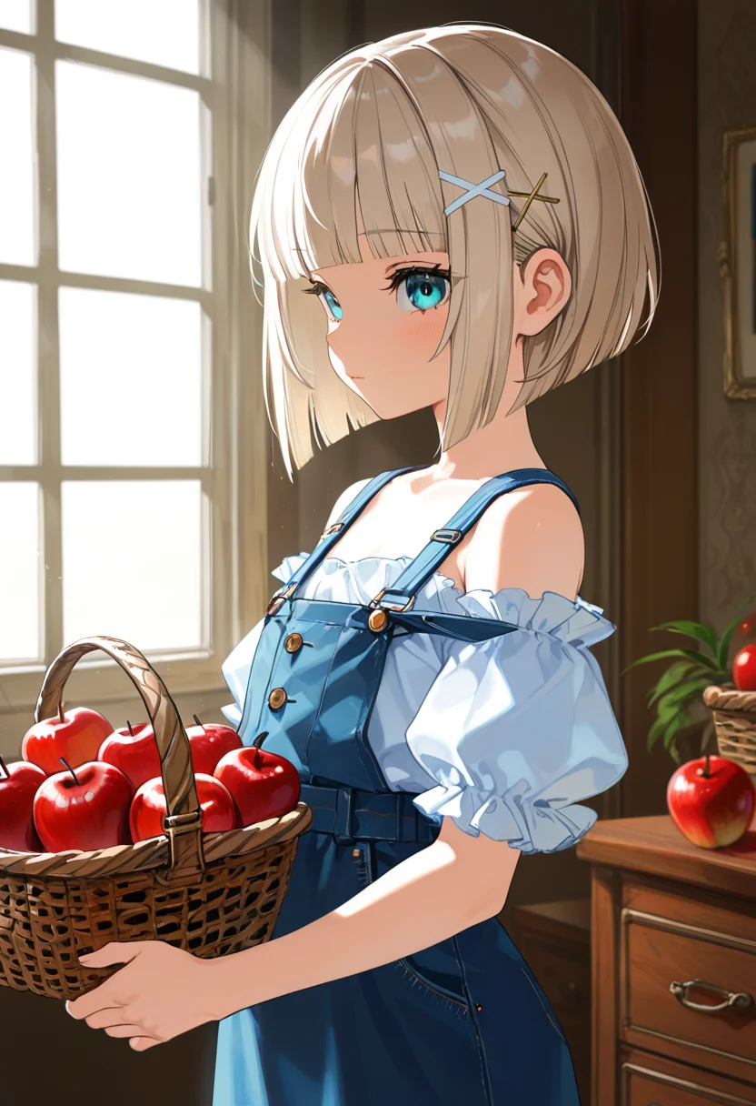embedding:lazypos, 1girl, solo, hair ornament, looking at viewer, indoors, short hair, hairclip, blue eyes, window, blush, bare shoulders, bangs, plant, closed mouth, basket, collarbone, off shoulder, white shirt, holding basket, detached sleeves, puffy short sleeves, blonde hair, suspenders, flat chest, blunt bangs, upper body, sunlight, suspender skirt, frills, standing, drawer, puffy sleeves, aqua eyes, sleeveless dress, eyebrows visible through hair, blue skirt, apple, cowboy shot, overalls, bob cut, light brown hair, table, high-waist skirt, expressionless, platinum blonde hair, eyelashes, cabinet, hairpin, chest of drawers, buttons, sleeveless shirt, eyebrows behind hair, from side, pinafore dress, white blouse, x hair ornament, sidelocks, perfect hands <lora:TrendCraft_The_Peoples_Style_Detailer-v1.0A-3_13_2025-NoobVPRED:0.2>