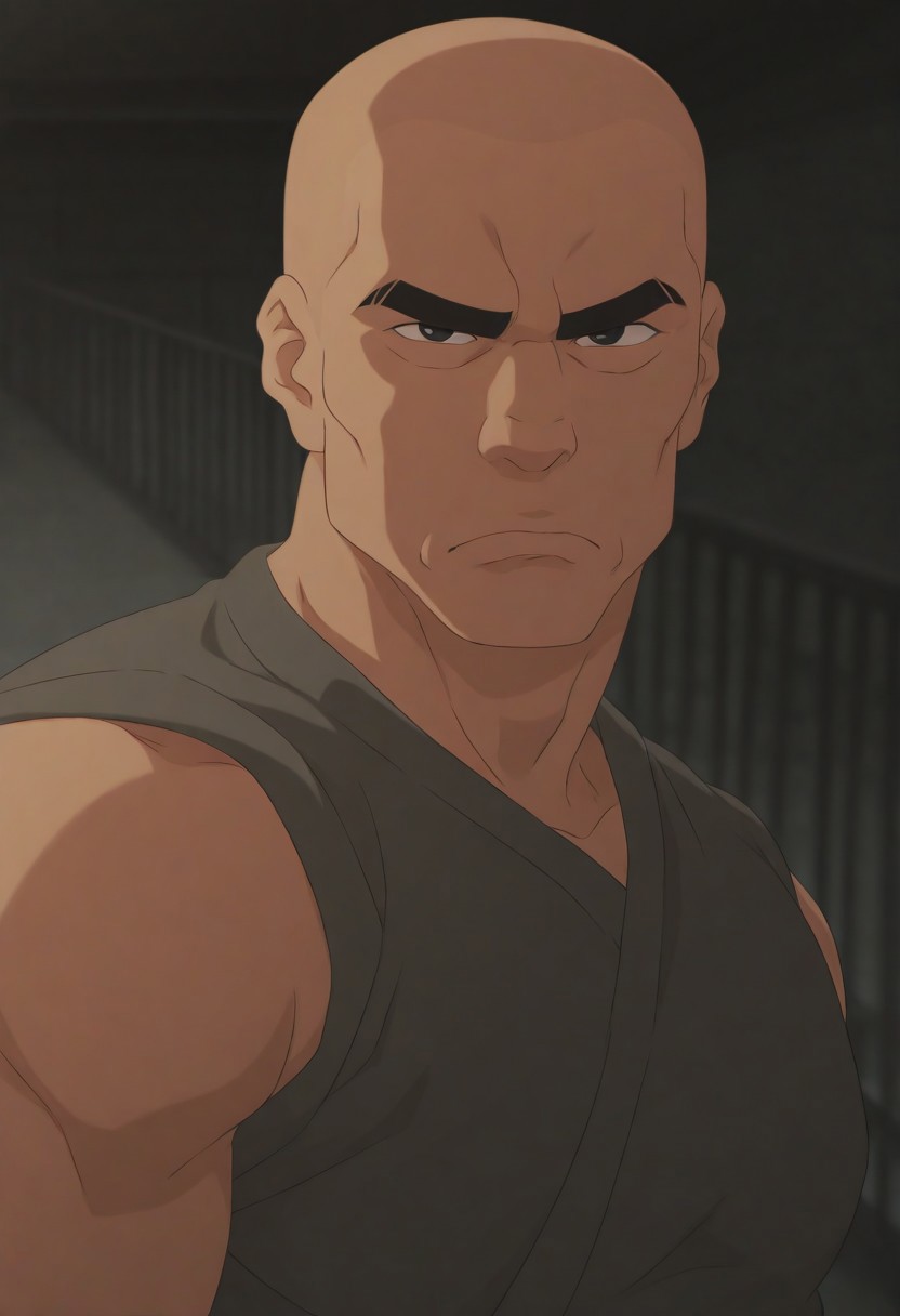 zahezahe, solo, looking at viewer, 1boy, closed mouth, male focus, outdoors, blurry, black eyes, blurry background, frown, thick eyebrows, muscular male, serious, railing, bald, animification, anime coloring, indoors, meme, scene reference
