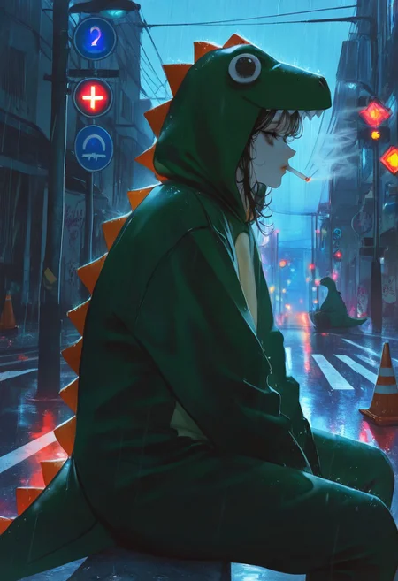 ultra-detailed painting \(medium\), (au \(d elete\):1.1), (aoi ogata:1.1), (clouble:1.1), realistic, 
very awa, masterpiece, highres, absurdres, newest, year 2024, year 2023, safe general, cowboy shot, (depressed:1.2), 
looking afar, from side, looking to the side, 
higashiyama kobeni,  (bags under eyes:1.2), (tsurime:1.2),
dinosaur costume,  googly eyes,  smoking, cigarette, sitting on traffic barrier, hand between legs, 
detailed background, rain, water drop, puddles, street, graffiti, night, lamppost, road sign, traffic cone,
