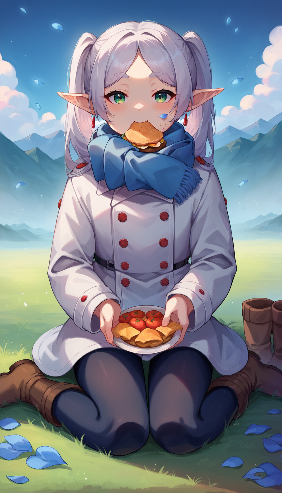 <lora:frieren_nereirfpnxl_pony_v2:1> score_9, score_8_up, score_7_up, score_6_up, score_5_up, score_4_up, source anime,
 nereirfpnxl, frieren, 1girl, food, solo, green eyes, sitting, outdoors, coat, pointy ears, scarf, long hair, holding, food, pantyhose, grass, eating, white coat, blue scarf, boots, food on face, looking at viewer, cloud, sky, brown footwear, day, white hair, elf, black pantyhose, long sleeves, buttons, thick eyebrows, ponytail, double-breasted, twintails, mountain, petals, grey hair, winter clothes