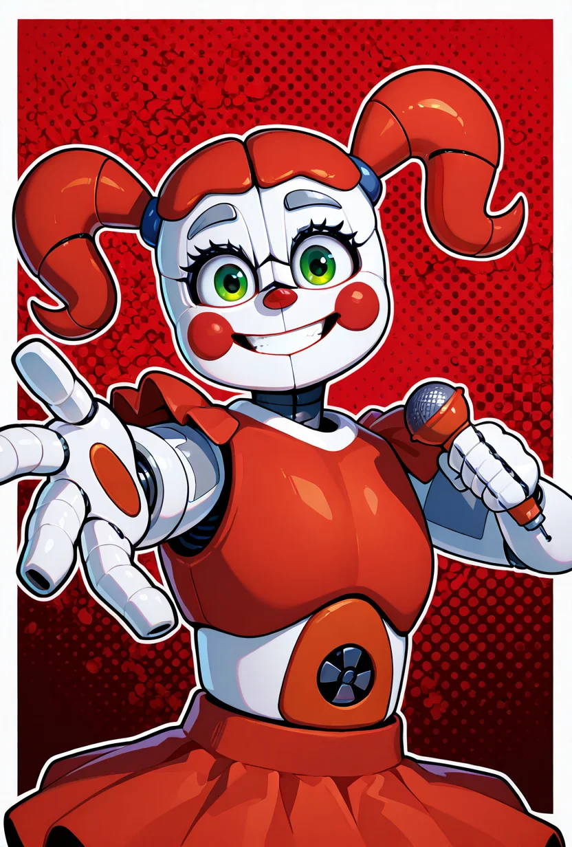 <lora:circbb-10:1> circbb, twintails, robot, 1girl, red cheeks, , joints, skirt, red nose, green eyes, smile, red background, holding microphone, looking at viewer, , reaching out, teeth, clenched smile,, masterpiece, best quality, amazing quality, very aesthetic, absurdres, newest,, upper body, halftone effect, white borders, abstract background:1.2,